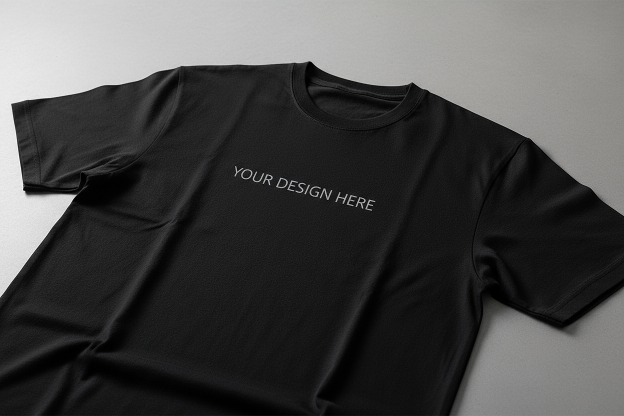 Prompt:
Realistic studio photo of a plain black t-shirt, unfolded, placed flat on a clean surface in a soft-lit studio environment.
On the chest, “YOUR DESIGN HERE” in light-gray or white minimalist text, printed naturally as part of the fabric.
Emphasize premium cotton texture, seam lines, and soft natural folds.
Lighting: Gentle diffused light highlighting fabric details.
Background: Neutral gray or soft beige for contrast.
Style: Minimalist, premium, Fear of God Essentials / COS aesthetic.